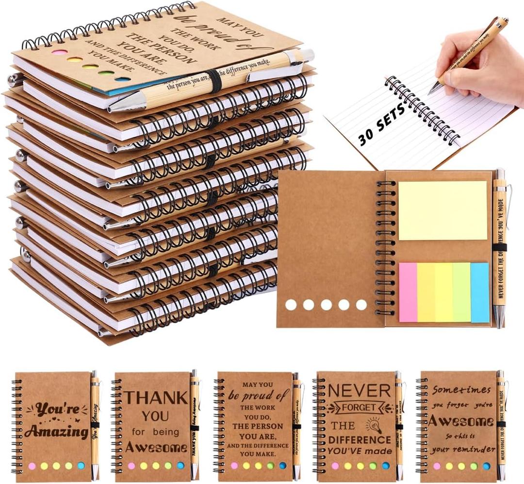 30 Sets Employee Appreciation Gifts Bulk Team College Graduate Thank You Gifts Inspirational Spiral Notebook with Sticky Note Motivational Bamboo Ballpoint Pens for Nurse Teacher Employees Coworker