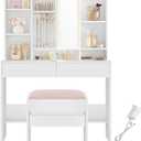 VASAGLE Vanity Desk with Mirror and Lights, Makeup Vanity with Upholstered Vanity Stool, Dimmable LED Lights, Adjustable Shelves, 7 Compartments, 2 Drawers, for Bedroom, Cloud White URDT131W01