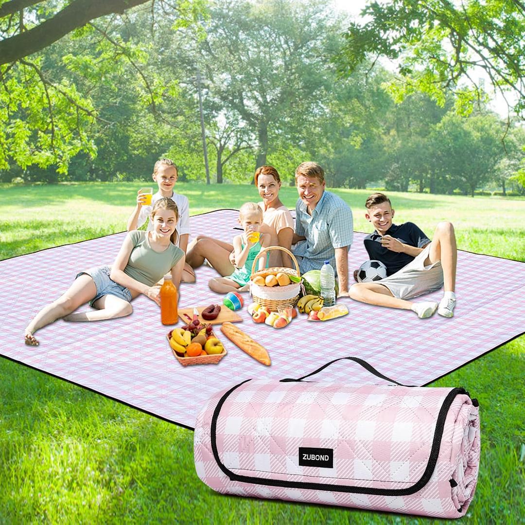 ZUBOND Picnic Blankets Waterproof Sandproof Foldable & Machine Washable, 80''x100'' Extra Large Beach Blankets, Simple Stylish Gingham Outdoor Blankets Grass Lawn Park for Family Camping Party (6'8" x 8'4" (Rectangular), Pink White)
