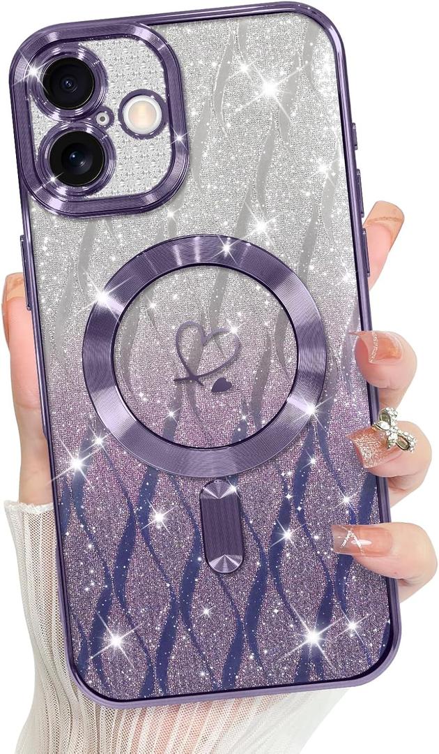 Bonoma Compatible with iPhone 16 Case Support for MagSafe, Plating Heart Glitter Magnetic Checkered Case TPU Camera Protection Back Cover for Girls Women -Purple