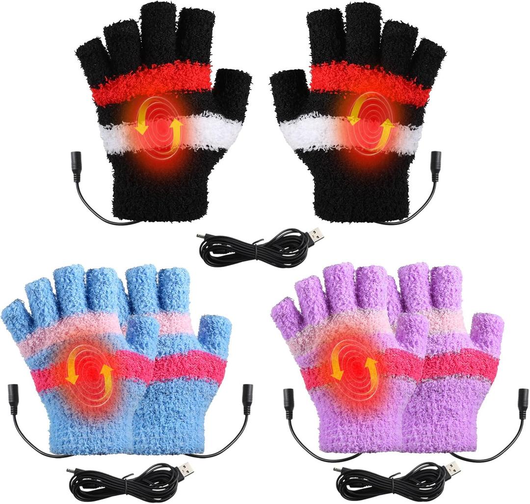 3 Pairs USB Heated Gloves for Women Fingerless Warm Laptop Gloves for Hand Warmers Mittens Computer Electric Gaming, One Size