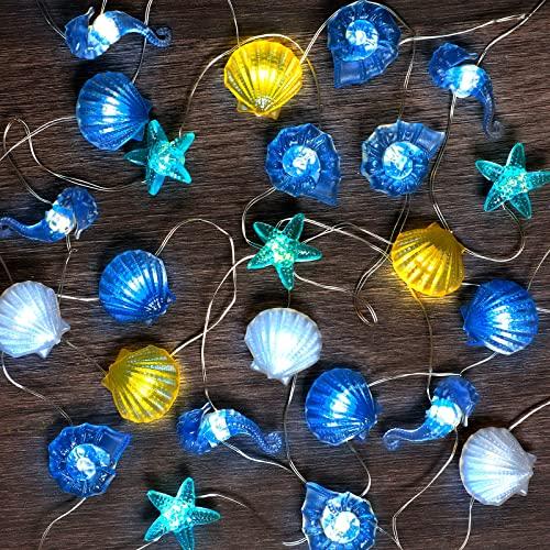 Xuhal 1 Sets Total 20 FT 60 LED Ocean Decor String Lights for Bedroom Beach Nautical Theme Lights of Marine Life Seashell Seahorse Conch Waterproof Decor Battery Operated for Beach Bedroom Holiday