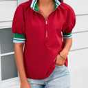 Womens Summer Blouse Tops Puff Sleeve Shirts Half Zip V Neck Dressy Casual Color Block T-Shirts (Red, S)