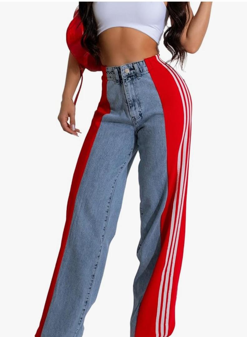 Angsuttc Womens Jeans with Patchwork Stripes High Waisted Stretchy Denim Color Block Straight Wide Leg Trendy Jean Medium