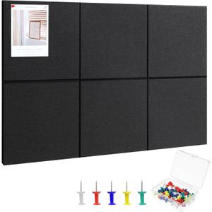 Large Cork Board 36" x 24", 6 Pack Felt Bulletin Board with 30 Pushpins, Cork Boards Alternative with Self-Adhesive Strips, Felt Wall Tiles Pin Boards for Walls Office Home School Decor-Black