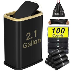 Bathroom Trash Can with Lid 8L/2.1 Gallon Black Trash Can Small Garbage Can with Swing Top Lid Slim Stainless Steel Garbage Can with 100 Counts Trash Bags for Bathroom Bedroom Kitchen Office Toilet