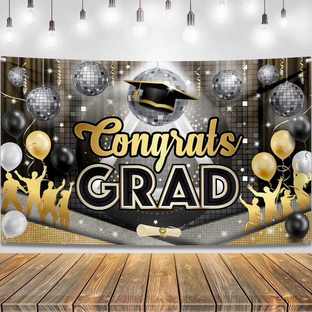 KatchOn, XtraLarge Congrats Grad Banner - 72x44 Inch | Graduation Backdrop Class of 2025 for Black and Gold Graduation Decorations 2025 | Disco Grad Banner