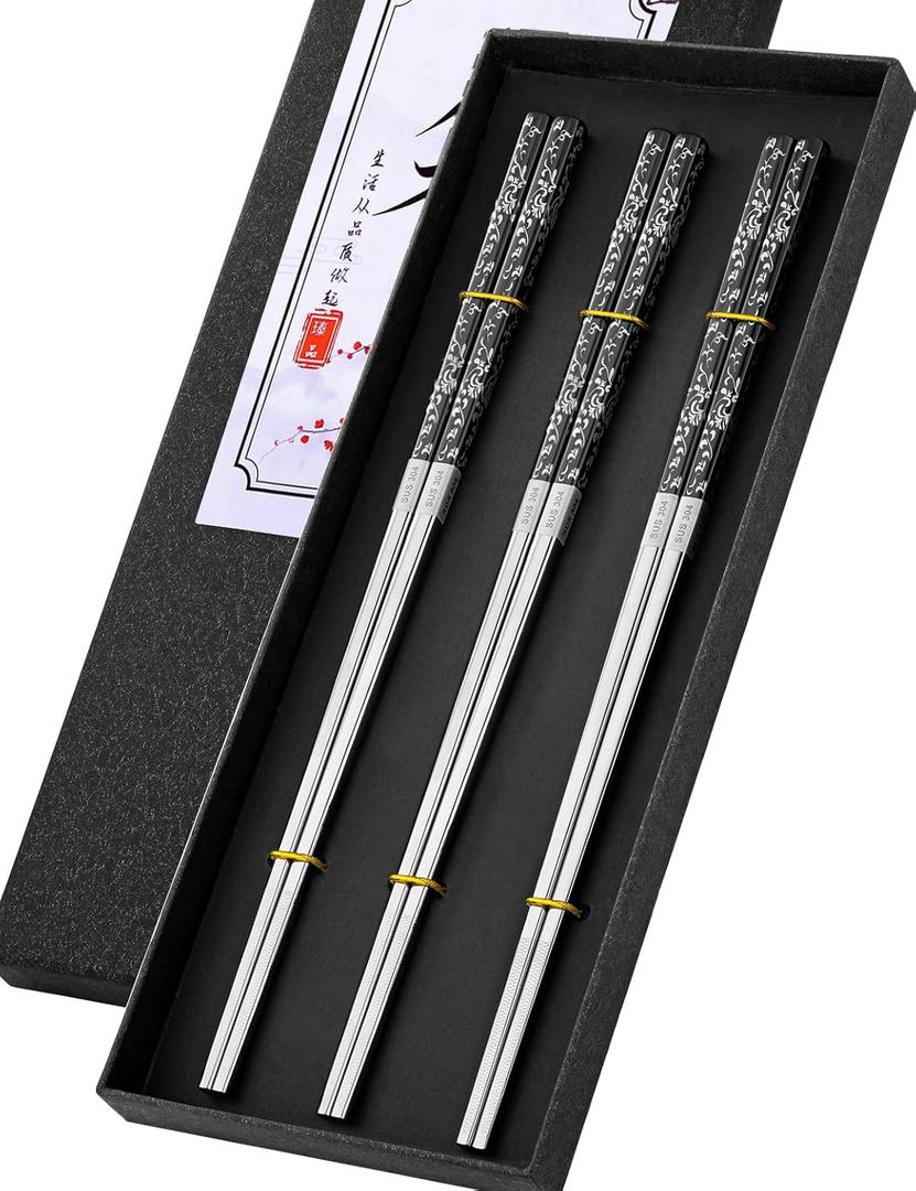 TINMARDA Metal Chopsticks Reusable, 3 Pairs Chop Sticks Reusable Dishwasher Safe, Titanium Plated Non-Slip Stainless Steel Chopsticks Present Set (Black Silver)
