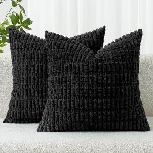 MIULEE Pack of 2 Corduroy Decorative Throw Pillow Covers 16x16 Inch Soft Boho Striped Pillow Covers Modern Farmhouse Home Decor for Sofa Living Room Couch Bed Black