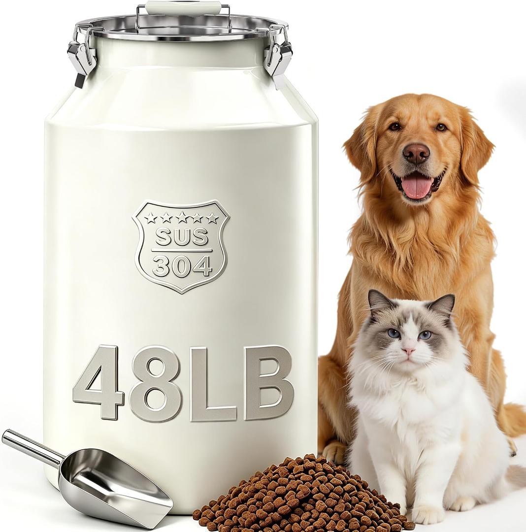 Large 304 Metal Dog Food Storage Container 48LB /45 Qt, Stainless Steel Airtight Pet Food Containers with Lid & Scoop, Pet Food Bin for Dogs, Cats and Dry Food Storage Keep Fresh