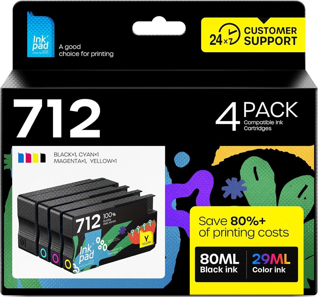 iNKPAD 712XL Ink Cartridges Compatible Replacement for HP 712XL 712 Ink Cartridges Combo Pack for HP DesignJet T210 T630 T650 T250 T230 Printer (4 Pack, 80-ml Black + 29-ml Cyan/Magenta/Yellow)