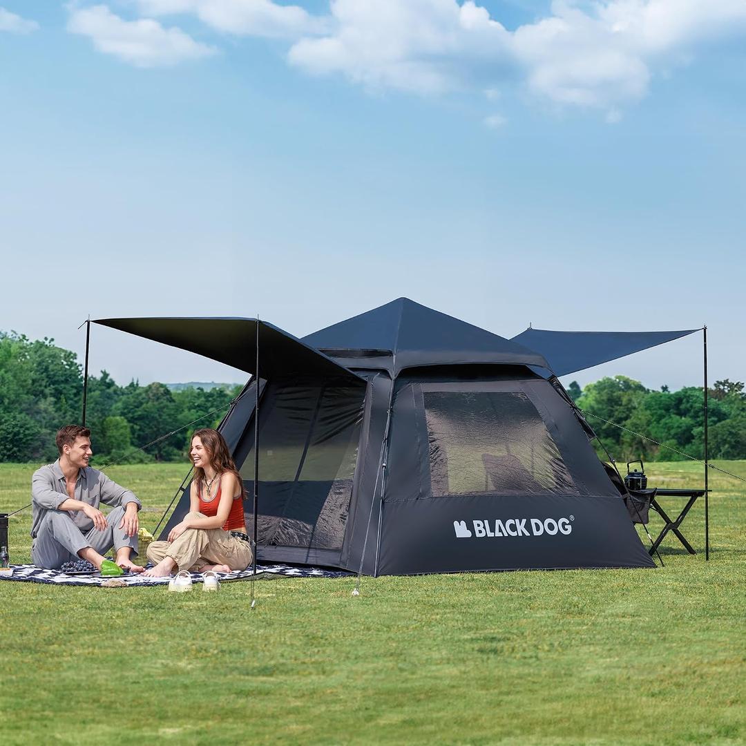 BLACKDOG Blackout Camping Tent, 60s Easy Setup Instant Cabin Tent | Rain Fly Waterproof, Anti-UV, Large Mesh Windows, 2-4 Person, 94.6" L x 94.6" W x 63.1" H