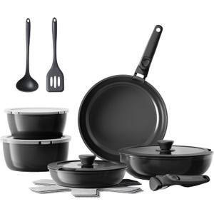 Redchef 16pcs Ceramic Pots and Pans Set Non Stick, Nonstick Kitchen Cookware Set with Detachable Handle, Non Toxic, PFAS PFOA & PTFE Free, RV Cookware Set for Camping, Dishwasher/Oven Safe (Black)