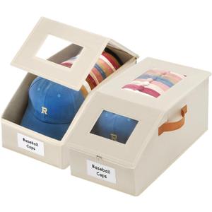 2 Pcs Extra Large Hat Organizer & Storage Box for Baseball Cap with Dual Clear Windows Dust-Proof Double Zipper, Stackable Design & Sturdy Handles for Closet, Beige