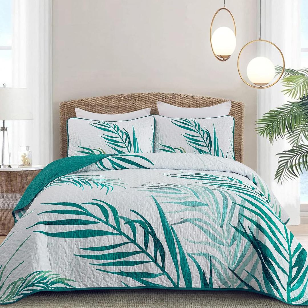 Quilt Set Queen Size Aqua Tropical Coastal Botanical Quilt Bedding Set, 3 Piece Lightweight Soft Microfiber Palms Tree Bedspreads Coverlet Set with 2 Pillowcases for All Season (Queen,96"x 90")
