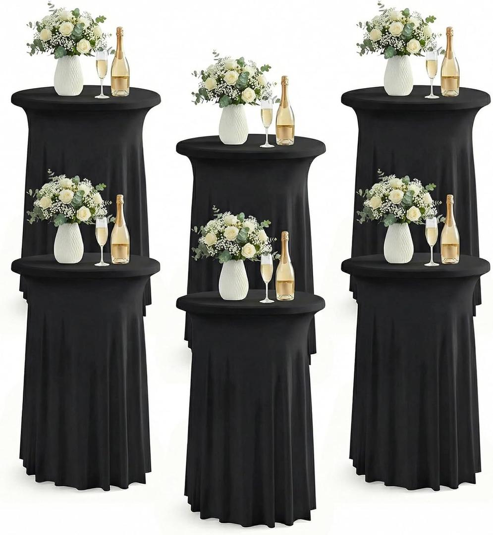 ArtSocket 6-Pack Black Spandex Cocktail Table Covers, Stretch Fitted High Top Highboy Tablecloths with Ruffle Skirt, Wrinkle-Resistant, for Wedding Banquet Party Bar Tables (32" Dia x 43" H)