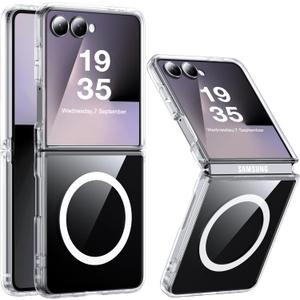 Magnetic for Samsung Galaxy Z Flip 7 Case[Compatible with MagSafe][Anti-Fingerprint][Military Grade Drop Proof] Transparent Hard Back & Soft Silicone Bumper for Flip 7 Phone Case,Crystal Clear
