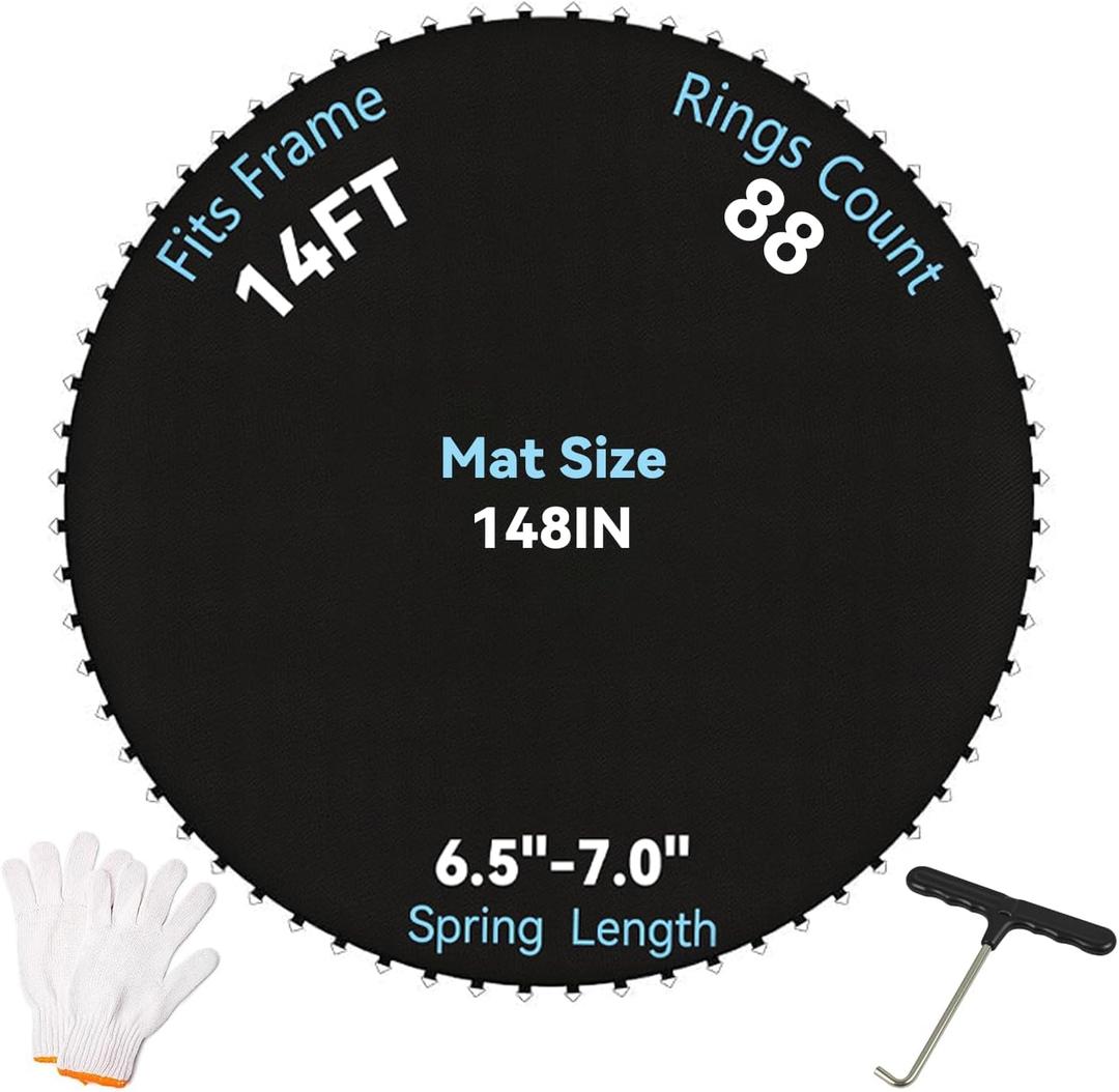 Replacement Trampoline Mat for 14 FT 72/88 Springs, Trampoline Mat Replacement 6.5"-7.0" Springs, UV-Resistant, Includes Pull Hook and Gloves