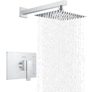 KENES Modern Polished Chrome 10-Inch Shower Head and Handle Set, Square Shower Faucet Set Bathroom Rainfall Shower System, KE-6024B-5 (Shower Valve Included)