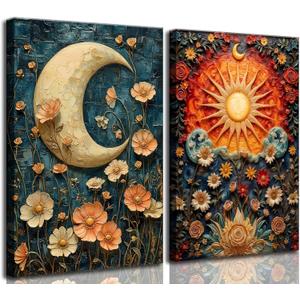 2 Pcs Celestial Canvas Wall Art Vintage Mystical Moody Sun and Moon Floral Painting Picture Wall Decor Posters Print Artwork for Living Room Bedroom Home Decoration