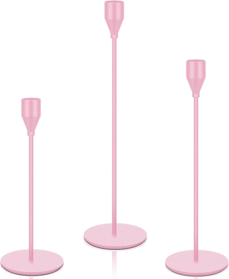 Mumufy 3pcs Metal Taper Candle Holder for Table Centerpieces, Wedding Decor and Dinner Party, Taper Pillar Candle Sticks Stand Holders Decor, Housewarming Gift (Pink)