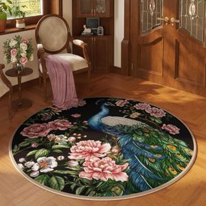 Round Rug 4ft Washable Circle Rug Non Slip Low Pile Floral Peacock Animal Small Circular Rug for Bedroom, Bathroom, Entryway, Kids Room, Office, College Dorm (Black)
