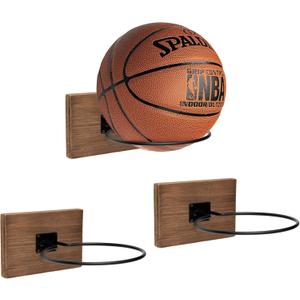 GENMOUS Set of 3 Wood Basketball Holder Wall Mount Display for Boys Room Decor, Metal Ball Rack Display Stand for Basketball Football Volleyball Storage, Basketball Rack Sports Decor for Boys Bedroom
