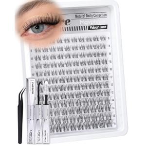 Clear Band Lash Clusters Kit Natural Cluster Eyelash Extensions Kit Wispy Individual Lashes CC-Curly Cluster Lashes Venus Eyelash Clusters Lash Bond and Seal Easy DIY Lash Kit (Velure, 8-16MM)