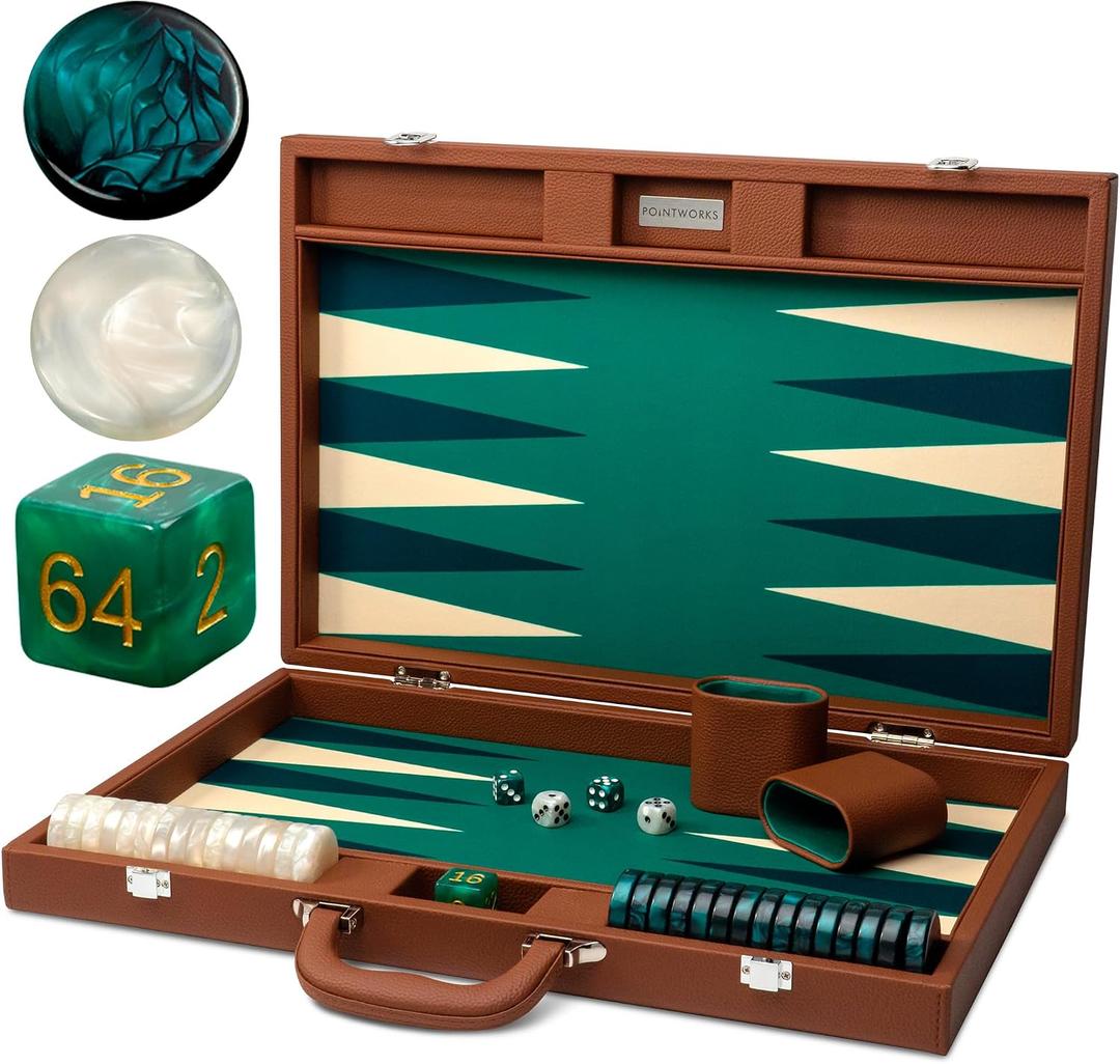 Pointworks 19 Inch Premium Backgammon Sets for Adults Leather Brown - Green. Premium 1.6 Inch Checkers & Dice Set, Travel Backgammon Set, Large, Backgammon Board Game, Backgammon Game Set, 12.5 x 19 inches