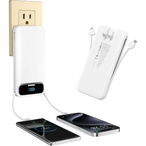 Portable-Charger Power-Bank with Built-in Cables & AC Wall Plug - 12000mAh PD 20W Fast Charging for iPhone,Samsung,Android, USB-C,Rechargeable External Battery Pack for Cell Phone,Type C,Travel White