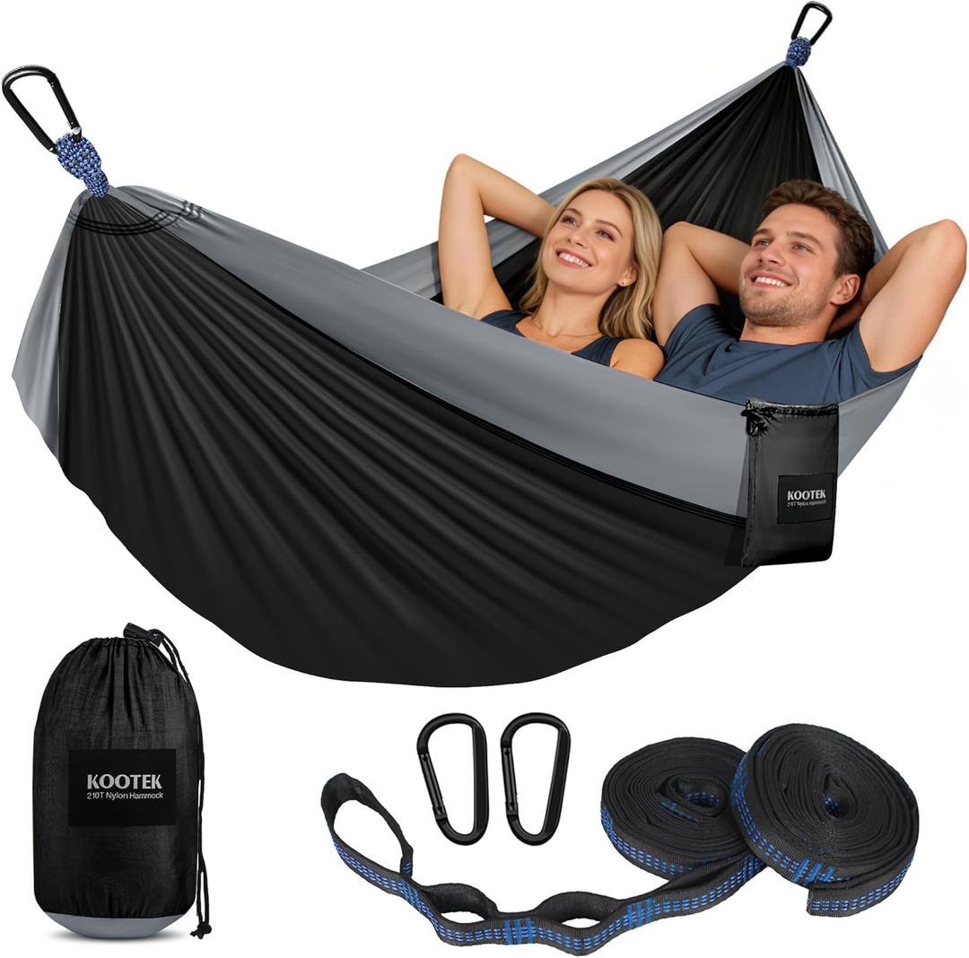 Kootek Camping Hammock, Portable Hammocks with Tree Straps & Attached Carry Bag, Camping Essentials Gear, Perfect for Outside Indoor Hiking Beach Backpack Travel (Large, Black & Grey)