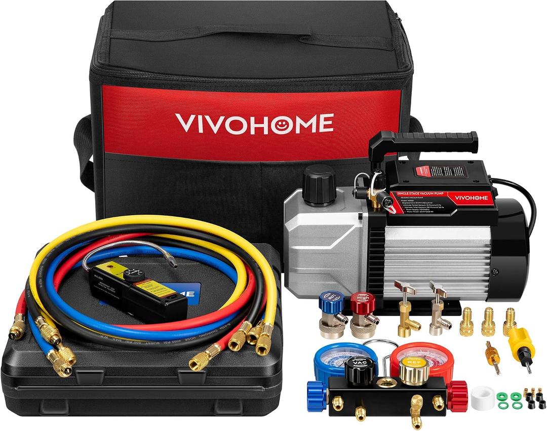VIVOHOME 1/3 HP 5CFM 1 Stage AC Vacuum Pump and 4 Way AC Manifold Gauge Set