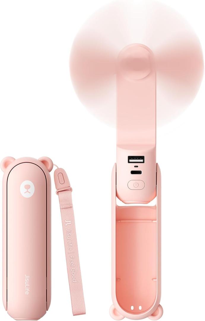 JISULIFE 3 IN 1 Handheld Mini Fan - Portable Fan & Power Bank & Flashlight, 19H Max Cooling, USB Rechargeable, Pocket-Sized for Travel, Cruise, Concerts, Makeup, 2026 Summer Gifts for Women(Pink)