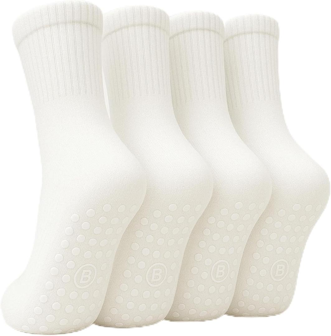 BELINO Pilates Socks for Women with Non Slip Grippers  Crew Socks for Yoga, Barre, Gym, Workout, Hospital 4 Pairs (White) BELINO Pilates Socks for Women with Non Slip Grippers  Crew Socks for Yoga, Barre, Gym, Workout, Hospital 4 Pairs (White)
