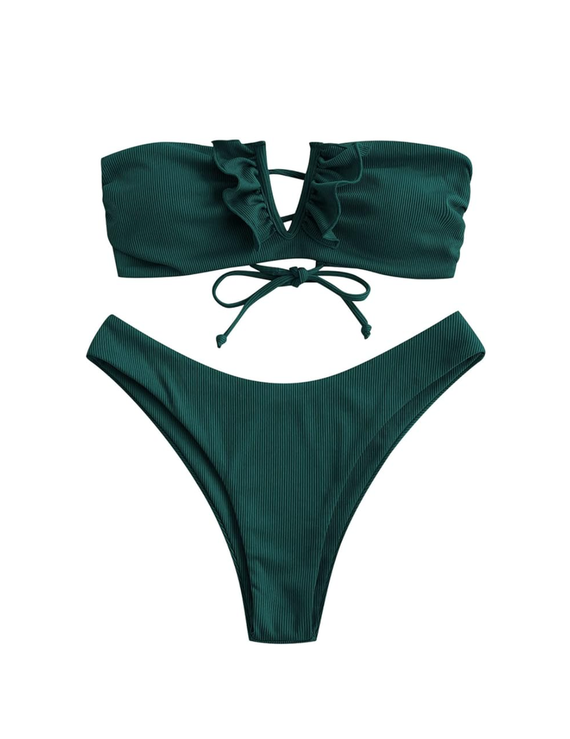 ZAFUL Women's Strapless Ribbed V Wired Lace Up Ruffle Tie High Cut Bandeau Swimsuits Bikini Set, Large