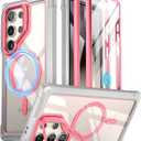 Poetic Guardian Case for Samsung Galaxy S24 Ultra 6.8", [Built-in Camera Stand] [Screen Protector Work with Fingerprint ID] Full Body Shockproof Protective Rugged Clear Cover, Pink/ Clear