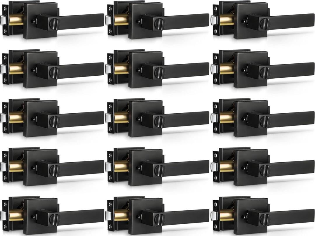 LEIFIDE 15 Pcs Privacy Interior Door Levers Heavy Duty Square Design Door Handles Matte Black Knob Interior Bedroom and Bathroom Door Handle Keyless Hardware Reversible for Right Left Handed Door