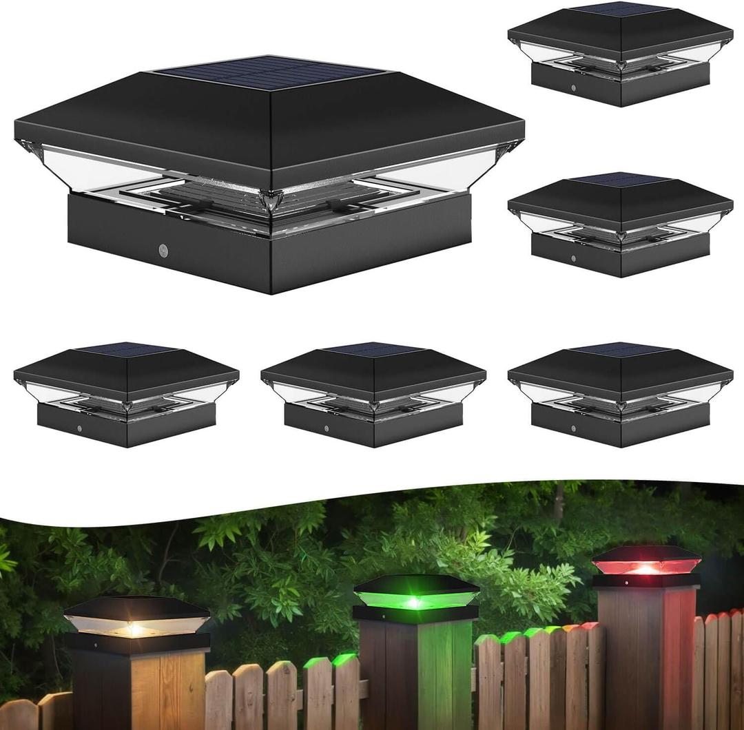 T-SUN Solar Post Cap Lights with Auto-Change Colors- for Wooden (4x4/6x6) & Vinyl (4x4/5x5) Posts | Weatherproof Outdoor Solar Fence Post Lights for Deck, Porch, Garden & Stairs(6-Pack,RGB)