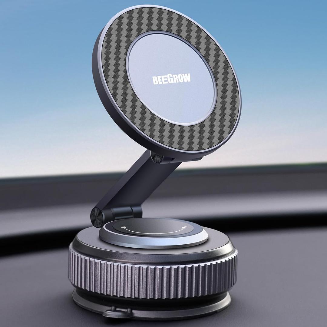 Magnetic Car Phone Holder for Magsafe, Alloy 360 Folding Cell Car Phone Mount with Ultra Stable Suction Cup and Reusable Gel, Dashboard Windshield Stand for iPhone 17-12 Android Pixel Samsung