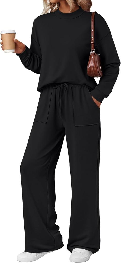 LILLUSORY Womens Two Piece Lounge Sets Mock Turtleneck Tops Wide Leg Drawstring Pants Sweatsuit with Pockets (Black, S)