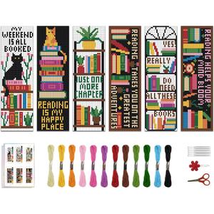 ACRNIGHEET 6PCS Cross Stitch Bookmark Kits Bookshelves Words Pattern Counted Cross Stitch Kits for Beginners Adults DIY Stamped Embroidery Bookmarks with Instructions Hand Embroidery Craft Gift