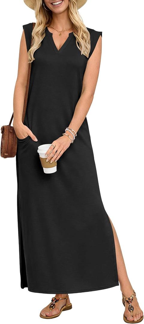 AUSELILY Women's V Neck Maxi Dresses, Straight-Cut Wrinkle-Free, Loose Split Sleeveless Vacation Dress with Pockets 2026