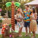 11 Pcs Hawaiian Party Decoration Set 70 Inch Giant Inflatable Palm Tree Wooden Boxes Decorative Fishing Net 70 Inch Hawaiian Leis Luau Decoration and Monstera Leaves for Hawaii Luau Party