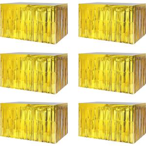 6 PCS Golden Metallic Foil Fringe Tinsel Table Skirts 9 Feetx29.5 Inch for Rectangle Tables, Tinsel Backdrop Curtains,Party Supplies,Wedding, Birthday, Parade Floats, Christmas Decorations