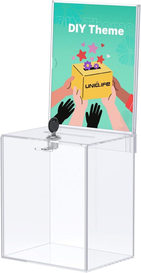 Uniclife Tall Acrylic Donation Box for Fundraising, Clear Suggestion Box with Slot and Lock, Ballot Boxs with Sign Holder, Plastic Storage Container for Voting Charity Tip Collection, 6.7" x 5" x 8"