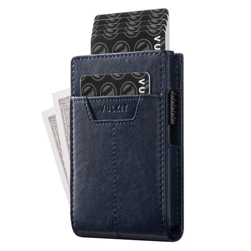 VULKIT Minimalist Wallet for Men - Pop Up Card Holder with RFID Blocking Slim Leather & Aluminum Front Pocket Wallet for Cash, Coins Navy