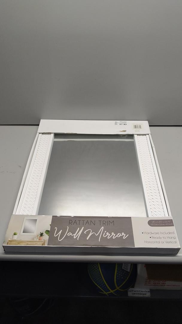 Rattan Trim Wall Mirror, 18' x1.25' x 23.75' , White