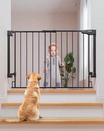 Cumbor 29.2–43" Baby Gate for Stairs, Wall-Mounted (Drill Required), Expandable No Bottom Bar Dog Gate, Auto Close Extra Wide Walk Thru, Pet & Toddler Proof Gate, Top & Bottom of Stairways,(Black)