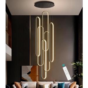 6-Rings Modern Chandelier, LED Black Large Contemporary Light for Staircase, Dimmable Flush Mount High Ceiling Chandeliers with Remote Control for Villa Foyer (40in x 7.9in x 138in), Black
