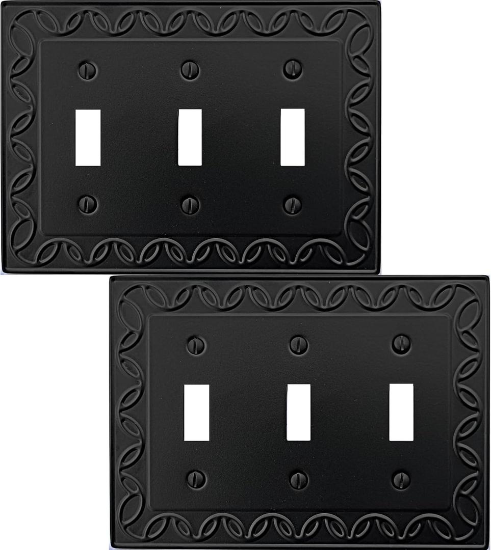 Triple Toggle Light Switch Cover NovaBloom Metal Wall Plate, 2-Pack Black 3 Gang, Light Switch Cover Decorative Wallplate, Durable